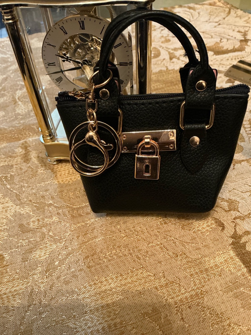 Black Mini Satchel Bag with Gold Hardware Keychain